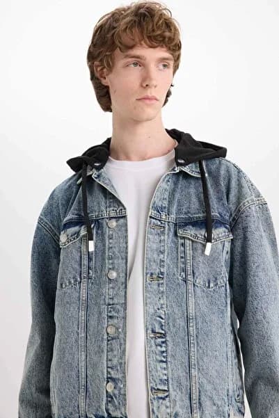 Defacto %100 Pamuk Oversize Geniş Kalıp Kapüşonlu Düğmeli Mevsimlik Baharlık Denim Ceket D0417AX24AU