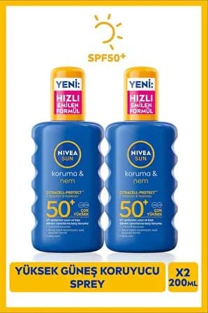 SUN Güneş Koruyucu Ve Nemlendirici Vücut Spreyi 200ml, SPF50 UVA UVB Koruması, X2Adet, Çanta Hediye