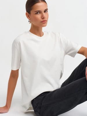 Dilvin 30312 Dekoratif Dikişli Bisiklet Yaka T-Shirt-Ekru