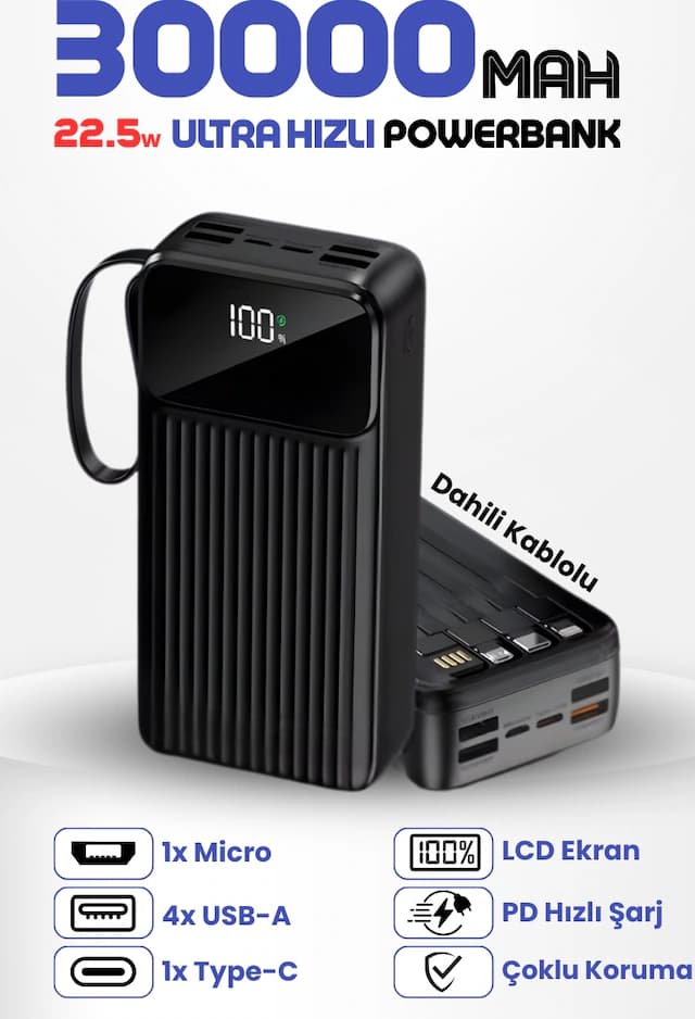 30.000 Mah Linkage 22.5w Hızlı Şarj Destekli Dahili Kablolu Taşınabilir Batarya Powerbank Siyah