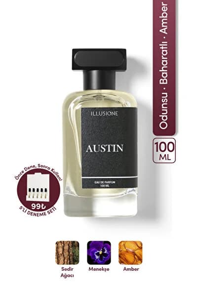 ILLUSIONE Austin Edp Erkek Parfüm 100ml | Odunsu - Baharatlı - Amber | Erik, Sedir, Paçuli, Misk