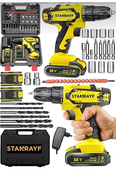stanrayf Alman 58 V 8 Ah Metal Dişli Şanzuman Çift Akülü Şarjlı Vidalama Darbeli Şarjlı Matkap 24 Parça