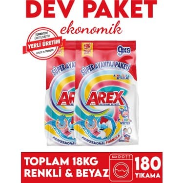 Arex 18 kg Toz Çamaşır Deterjanı Renkli ve Beyazlar İçin 180 Yıkama Ekonomi Paketi
