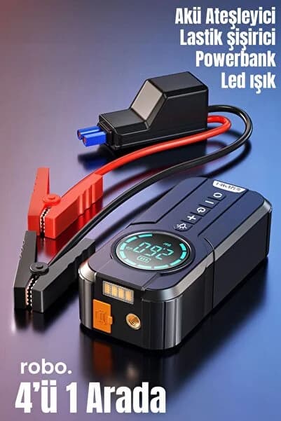4'ü 1 Arada Şarjlı Akü Ateşleyici Lastik Şişirici Powerbank Led Işık 150psi Yüksek Basınçlı