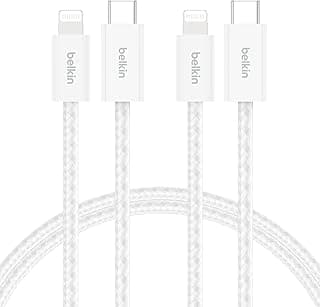 Belkin 2'li Örgülü USB-C - Lightning Kablo, 1,5 m, Yumuşak, Esnek ve Hızlı Şarj Kablosu, iPhone 14 ve Önceki Modeller, 9. Nesil iPad ve AirPods ile Uyumlu, Beyaz