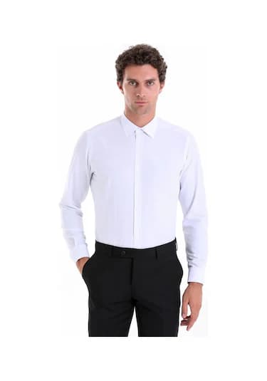 Hatemoğlu Slim Fit Pamuklu Uzun Kollu Erkek Gömlek - Beyaz