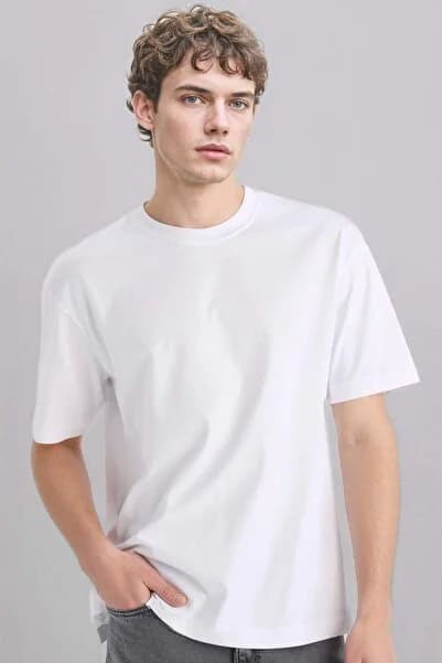 %100 Pamuk Oversize Geniş Kalıp Bisiklet Yaka Basic Düz Kısa Kollu Beyaz Tişört E6885AXNS