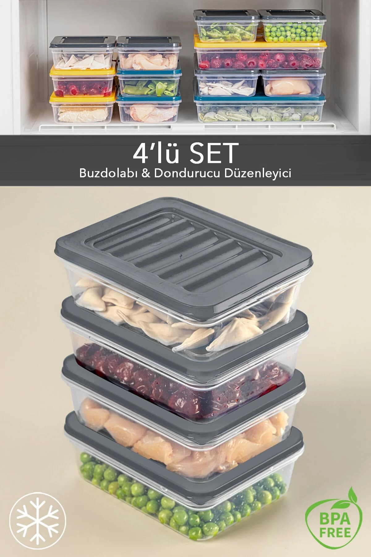 Meleni Home 4'lü Buzdolabı Organizer Mikrodalga Ve Difrize Uygun Saklama Kabı Antrasit 4 X 600 ml