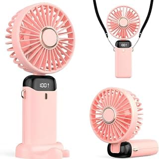 Şarjlı El Vantilatörü - LED Dijital Ekranlı 5 Kademe Rüzgar Hızlı Mini Masaüstü Fan, Boyun Askılı Katlanabilir Şarj edilebilir Taşınabilir Vantilatör, Telefon Standlı Type-C Şarjlı (Pembe)