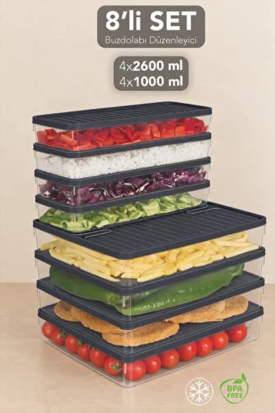 Meleni Home 8'li Buzdolabı Organizer Set - Mutfak Saklama Kabı Sızdırmaz Kapak Düzenleyici 1L-2,6L Antrasit