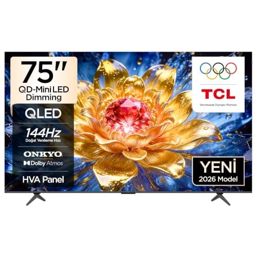 TCL 75 inç Akıllı TV 75T8D 4K QD-Mini LED Dimming Renkli Quantum Crystal HDR10+ Oyun Google TV, 144Hz Doğal Yenileme Hızı, ONKYO 2.1 Hi-Fi Ses Sistemi, Dolby Atmos, AI Modu, Game Master (2026 Modeli)