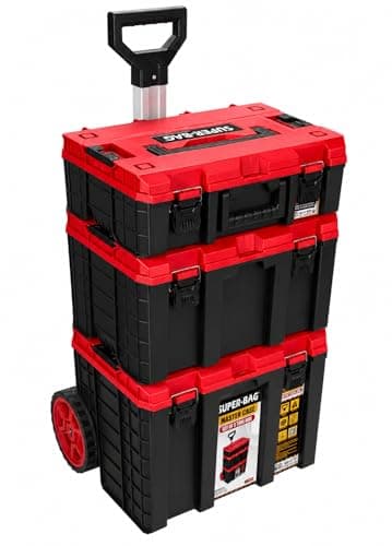 Super-Bag S-M-L Master Case 3'lü Modüler Tekerlekli Takım Çantası Seti, Organizerli Alet Taşıma ve Depolama Sistemi, Çekçek Kollu, Büyük Hacimli, Elektrikçi Tesisatçı Servis İçin, Kırmızı-Siyah