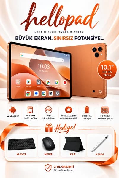 TARÇIN Hellopad 10.1" Andoroid Tablet 4 GB Ram 32 GB Hafıza Klavyeli Kılıf + Bluetooth Mouse + Kalem