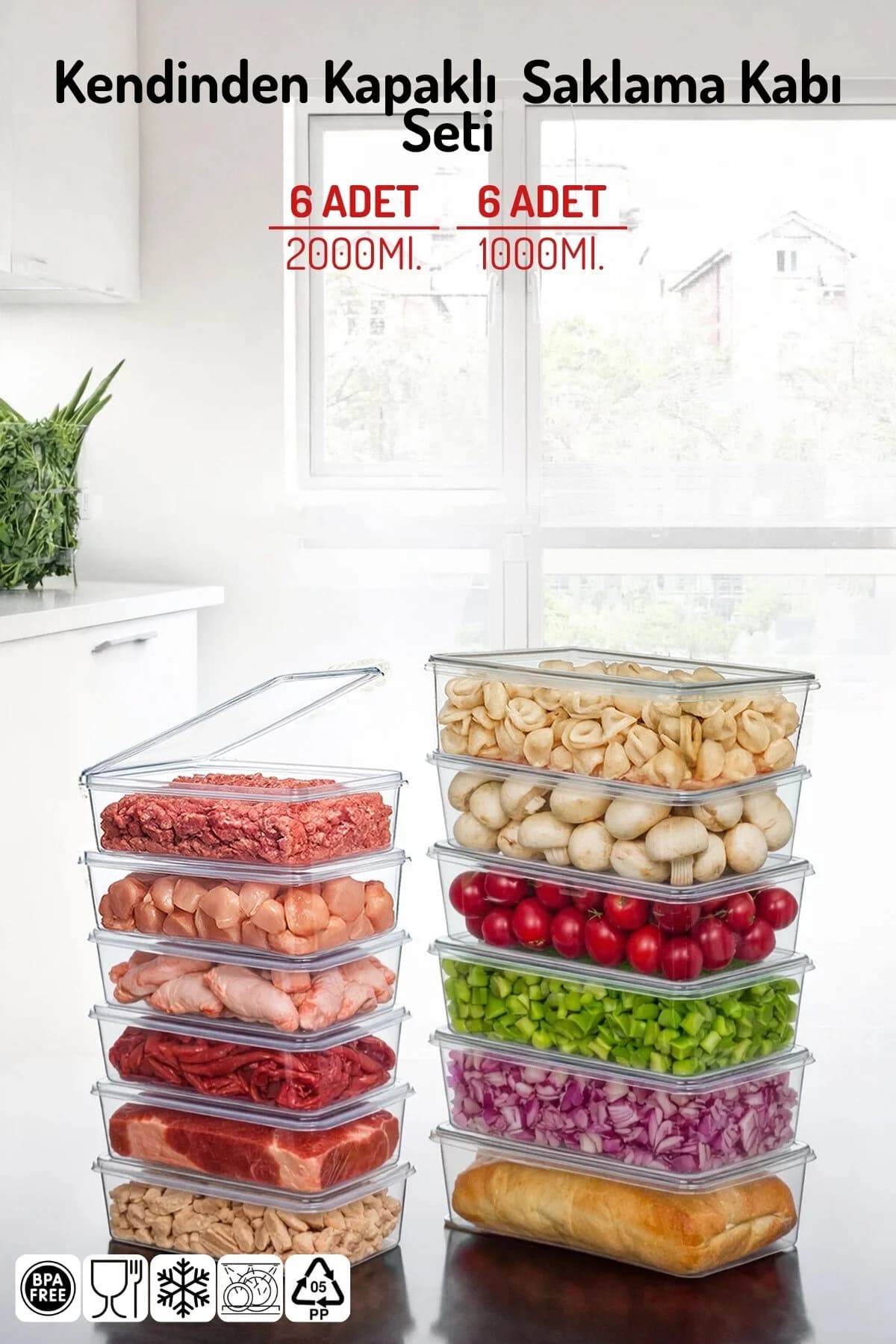 Nandy Home 12'li Set Kendinden Kapaklı Derin Dondurucuya Uygun Saklama Kabı 1 Lt. ve 2 Lt.