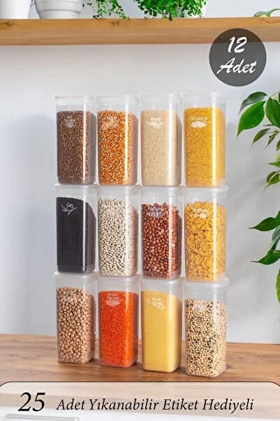 Org-432 Etiketli 12li Jumbo Boy - Bakliyat Saklama Kabı - Erzak Saklama Kabı Seti Şeffaf 1700 ml