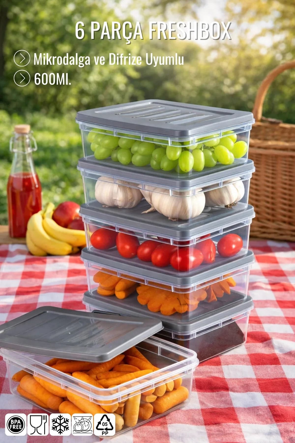 Nandy Home 6 Lı Set Freshbox Mikrodalga Ve Difrize Uygun Saklama Kabı Set 3 - X6 0,6 Lt Gri