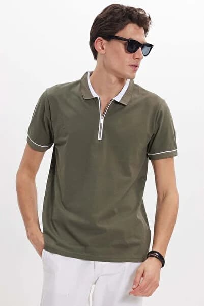 Erkek Slim Fit Dar Kesim %100 Pamuk Düz Pike Fermuarlı Haki Polo Yaka Tişört