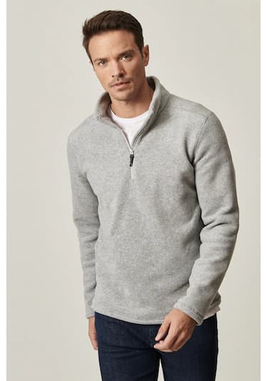 AC&Co / Altınyıldız Classics Anti-Pilling Tüylenme Yapmayan Bato Yaka Erkek Polar Sweatshirt - Gri Melanj