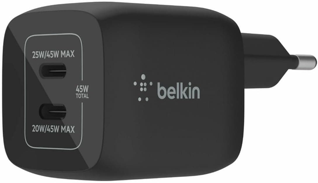 Belkin Çift USB-C Duvar Şarj Cihazı 45W, iPhone, iPad, MacBook, Galaxy vs için GaN Teknolojili PD 3.0 Hızlı Şarj