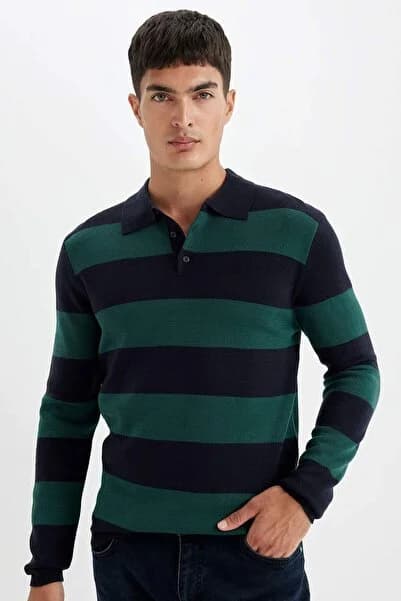 Defacto Standart Fit Normal Kesim Çizgili Polo Yaka Triko Kazak Y4194AZ24WN
