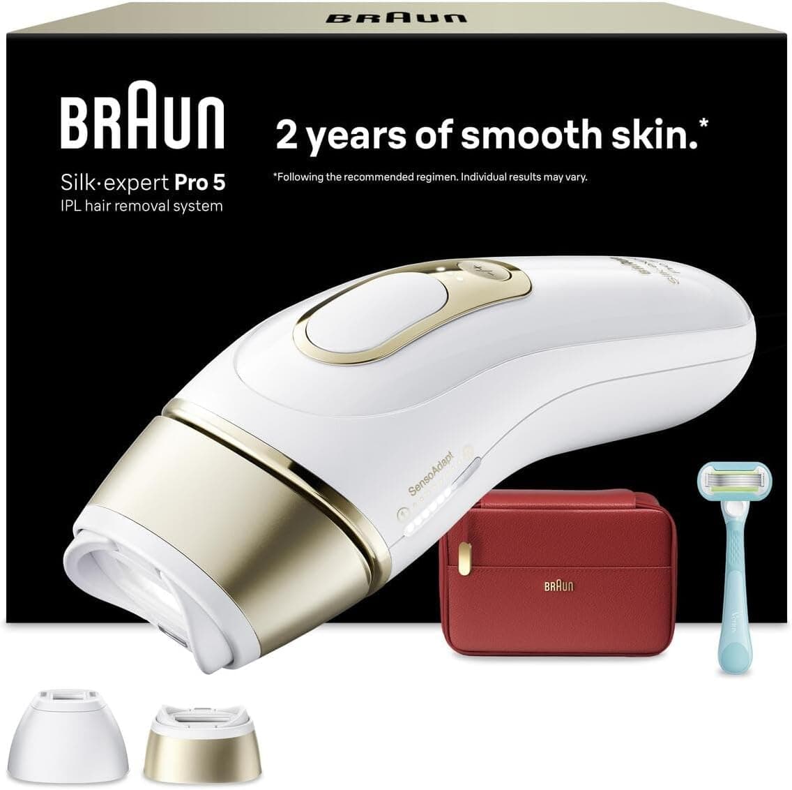 Braun IPL Silk·expert Pro 5, Evde Lazerle Tüy Alma, Çanta, Gillette Venus, 2 Başlık, PL5221