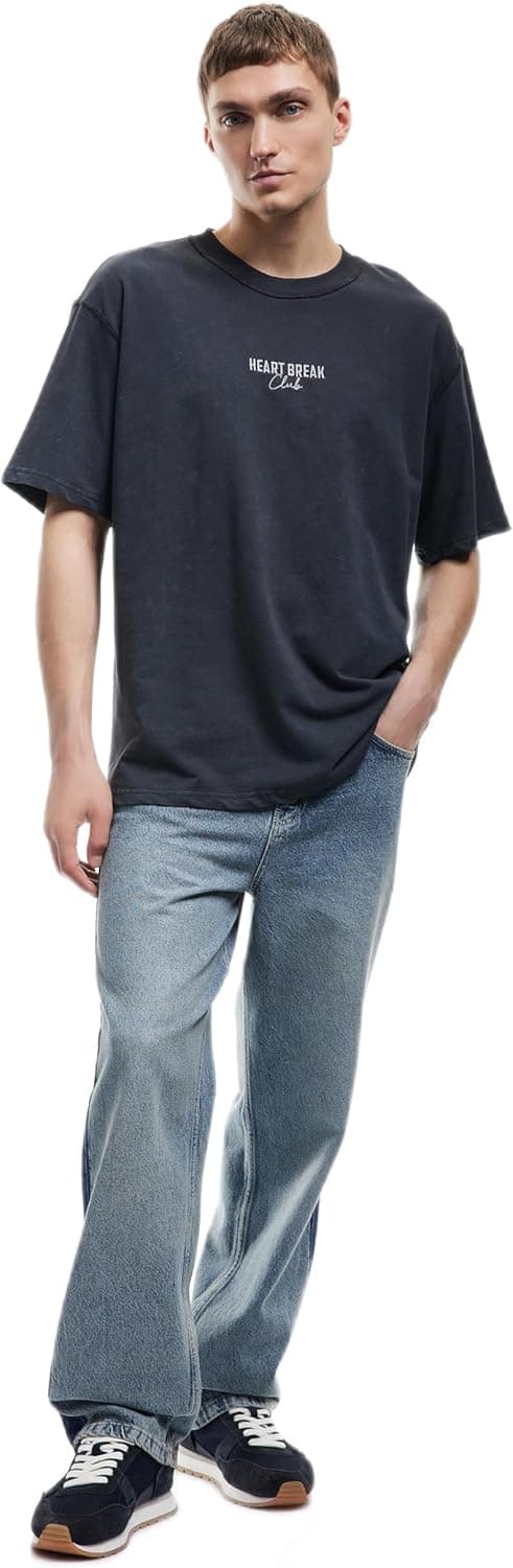 Koton Pamuklu Kısa Kollu Bisiklet Yaka Baskılı Yıkamalı Oversize Tişört