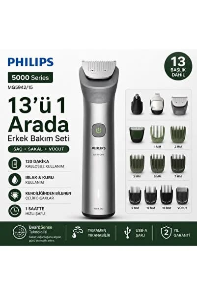 Philips 5000 Serisi 13in1,Erkek Bakım Seti,Yüz/Saç/Vücut Tıraş Makinesi,Islak /Kuru Kullanım,MG5942/15