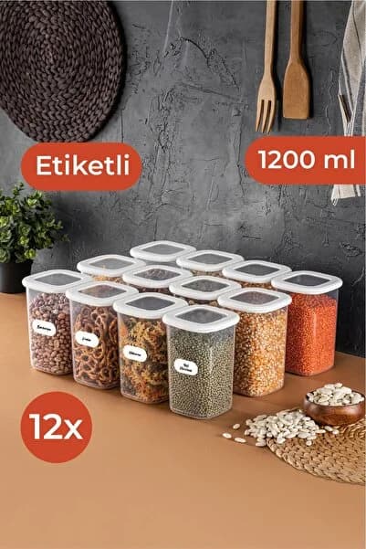 Vienev Beyaz Etiketli 12'li Set Orta Boy 1,2 Litre Kare Erzak Saklama Kabı Beyaz