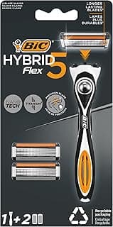 BIC Hybrid 5 Flex Erkek Tıraş Bıçağı 1 Sap ve 2 Yedek Başlık (5 Bıçak), 5 Nano Teknolojik Titanyum Bıçak, E Vitamini ile Zenginleştirilmiş Geniş Kayganlaştırıcı Bant