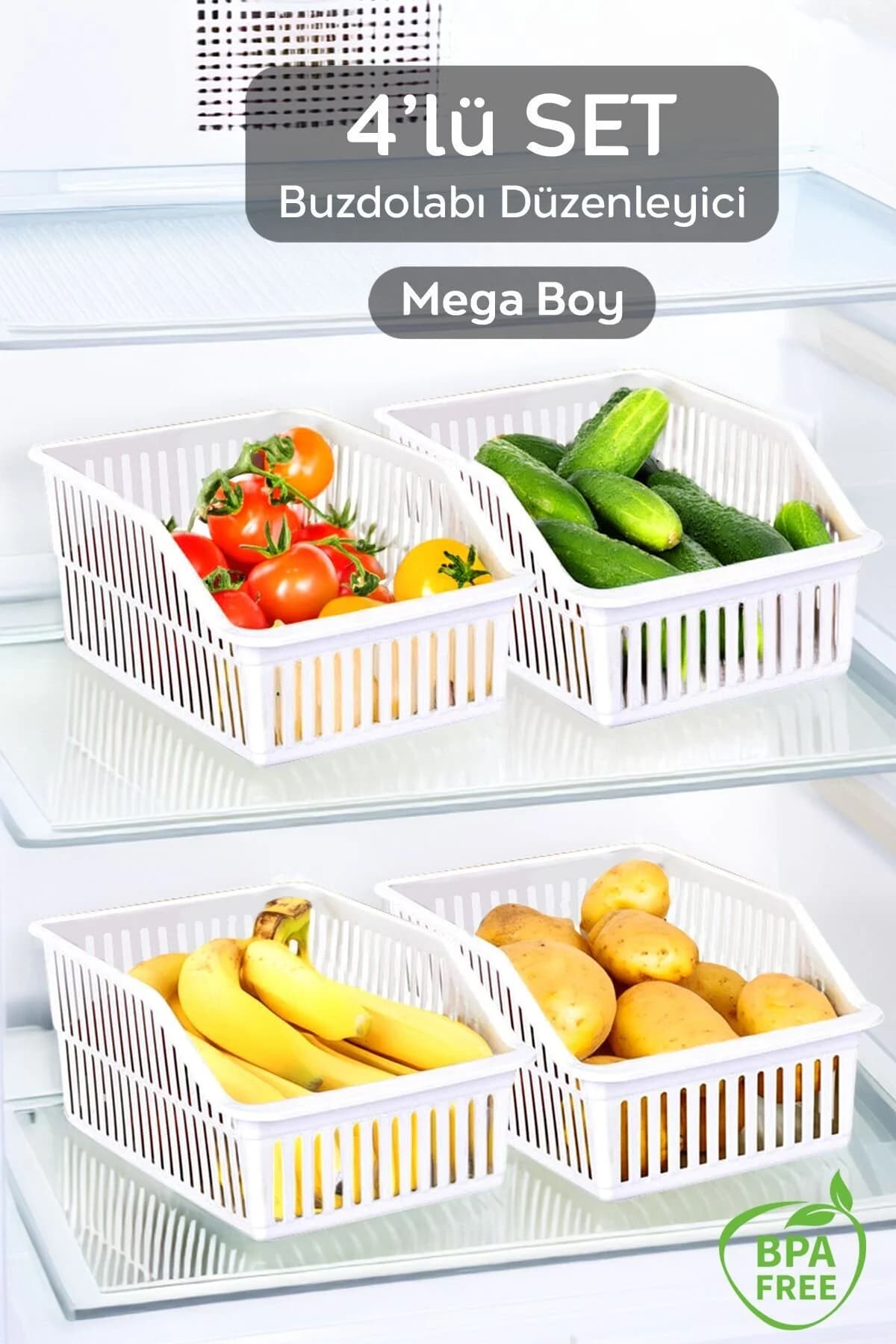 Meleni Home 4 Adet Mega Boy Buzdolabı, Dolap Içi Düzenleyici Organizer, Büyük Boy Buzdolabı Düzenleyici