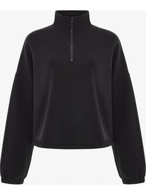 Penti Siyah Silky Touch Dik Yaka Fermuarlı Crop Sweatshirt