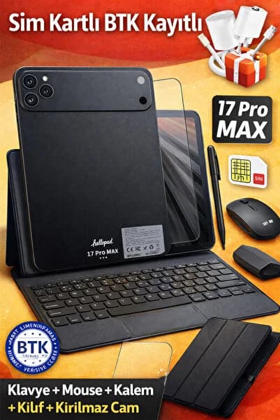 asfteknoloji 17 ProMax Sim Kartlı BTK Kayıtlı Klavye+Mous+Kalem+Kılıf+Kırılmazcam Hediyeli Full Set Tablet