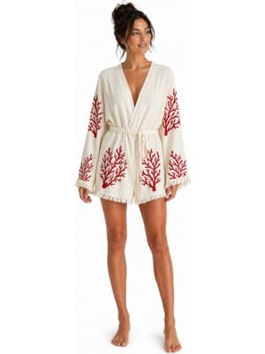 Mulberry Sedna Kadın Ekru Müslin Kimono Bornoz – Kuşaklı, Püskül Detaylı, Oversize Rahat Kesim Plaj & Ev Giyim