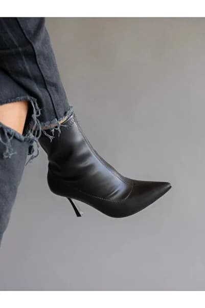 leopar by çetinay Kadın Siyah Streç Deri İnce Topuklu Bot | Lüks Şık Stiletto Bot Modeli