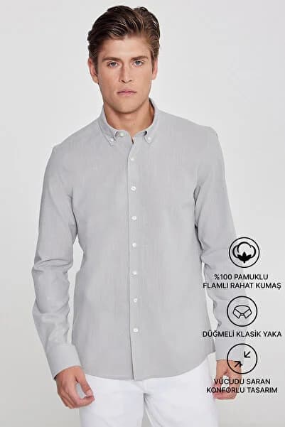 Men's Gray 100% Cotton Oxford Slim Fit Buttoned Collar Flared Shirt