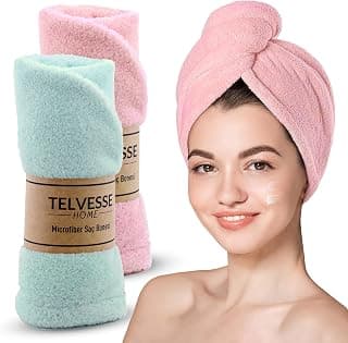 Mikrofiber Saç Havlusu Süper Emici Hızlı Kuruyan Türban Saç Havlusu Şapkası – Uzun Kıvırcık Kalın Saçlar İçin Duş Saç Kurutma Havlusu, Plaj Havuz Banyo Kullanım (2li Pembe + Turkuaz)