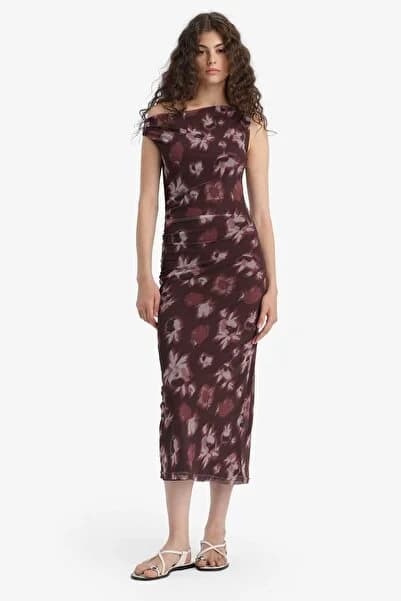 Bodycon Vücudu Saran Açık Omuz Çiçekli Tül Maxi Elbise F0421AX25AU