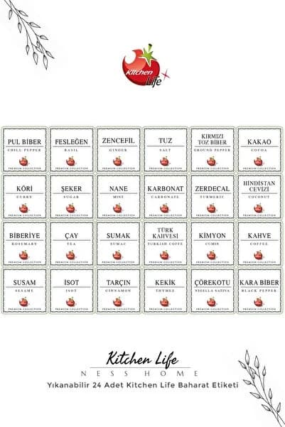 Kitchen Life Yıkanabilir 24 Adet Baharat Etiketi Mutfak Düzenleme Seti