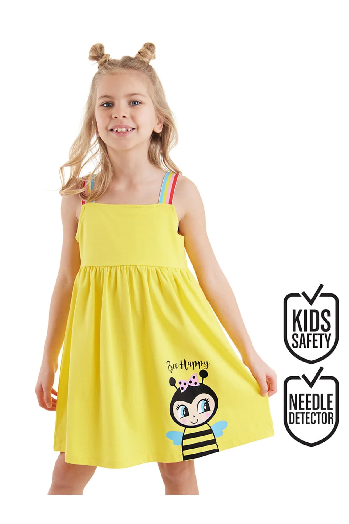 Denokids Arı Kız Çocuk Askılı Fırfırlı Sarı Kız Yazlık Elbise