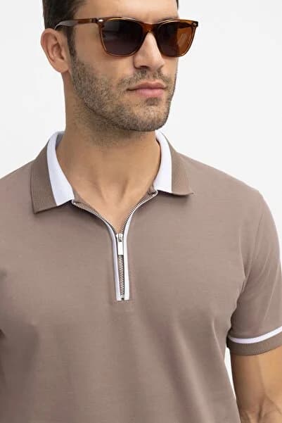Erkek Slim Fit Dar Kesim %100 Pamuk Düz Pike Fermuarlı Kahverengi Polo Yaka Tişört