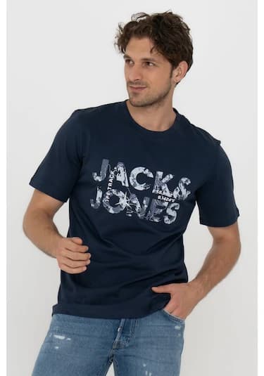 Jack & Jones 12215700 Techlogo Bisiklet Yaka Logolu Tisört Navy Blazer Lacivert