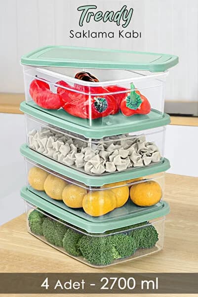 4 Adet Dikdörtgen Erzak Saklama Kabı - Mikrodalgaya Uygun Düzenleyici Organizer 2700ml Yeşil