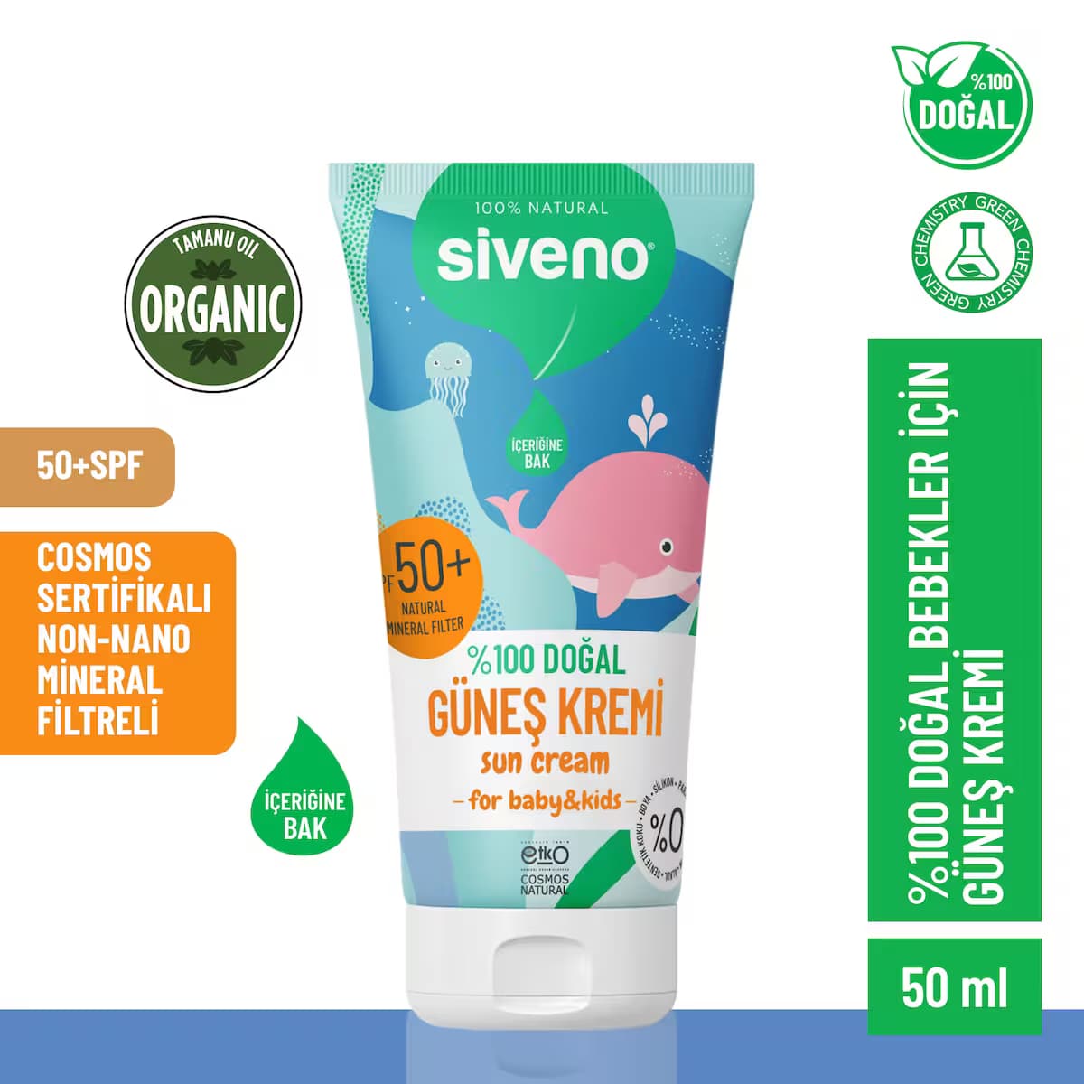 Siveno Doğal Bebek Güneş Kremi Leke Karşıtı Antioksidan Nemlendirici Bitkisel Vegan Spf 50+ Uva Uvb 50 Ml