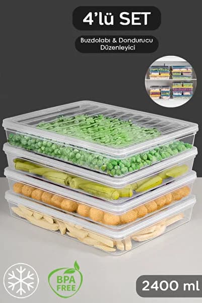 Meleni Home 4'lü Şeffaf Kapaklı Mikrodalga Uyumlu Saklama Kabı - Organizer Düzenleyici Gıda Erzak Kabı 4x2400ml
