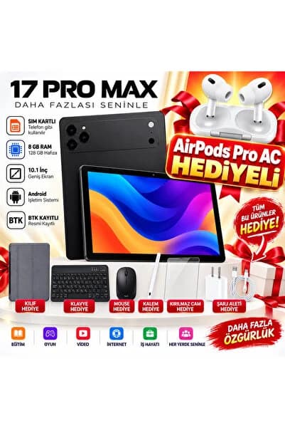 asfteknoloji 17 ProMax Sim Kartlı AirPro Kulaklık Hediyeli Klavye+Mous+Kalem+Kılıf+Kırılmazcam+Şarj Full Set