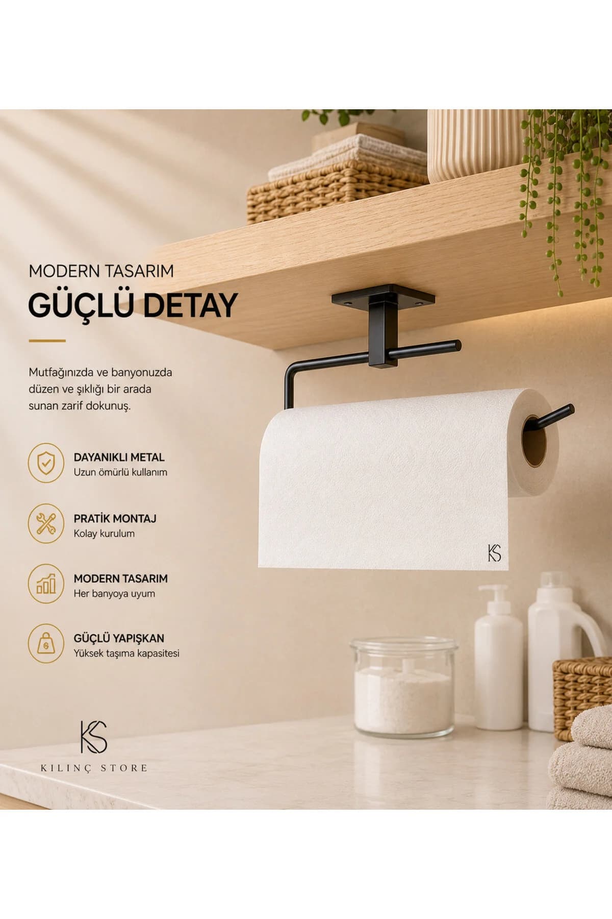 KILINÇ STORE Siyah Kağıt Rulo Havluluk Peçetelik Yapışkanlı Tasarım Askı