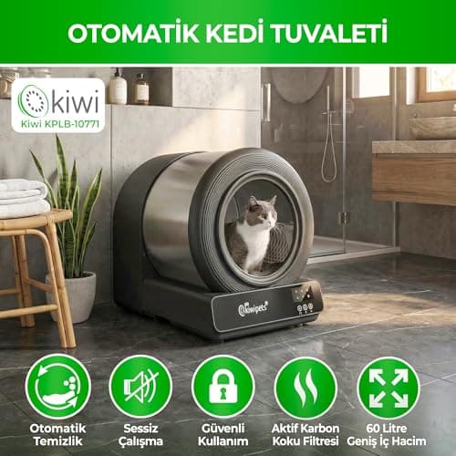 Kiwi KiwiPets Akıllı Kedi Tuvaleti Otomatik Kedi Tuvalet 60L – Geniş İç Hacim, Koku Giderici Özellik (Siyah)