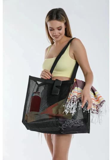 XL Büyük Boy Unisex Siyah File Plaj Çantası Cepte Taşınanbilen Kum Ve Su Tutmayan Nano Fileli Kumaş Siyah