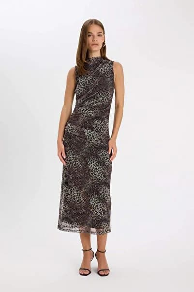 Bodycon Vücuda Oturan Bisiklet Yaka Leopar Desenli Tül Kolsuz Maxi Elbise D5061AX24AU