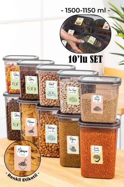 Vienev Renkli Etiketli 10lu Peggy Dikdörtgen Saklama Kabı Seti 5x(1500-1150 Ml) Antrasit